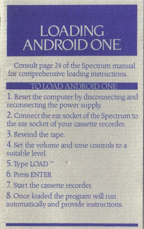 Inside Cover for Android One: The Reactor Run (ZX Spectrum)