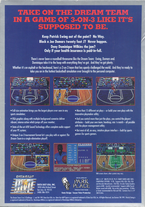 Back Cover for The Dream Team: 3 on 3 Challenge (DOS) (5 1/4" Disk Release)