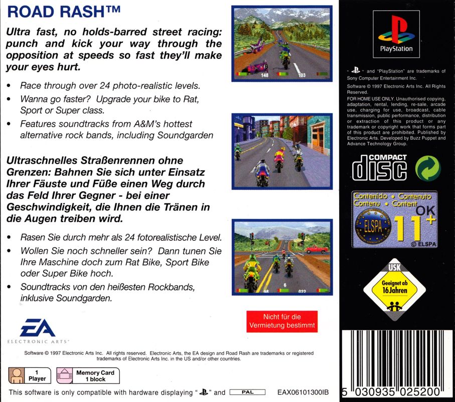 Back Cover for Road Rash (PlayStation) (EA Classics release)