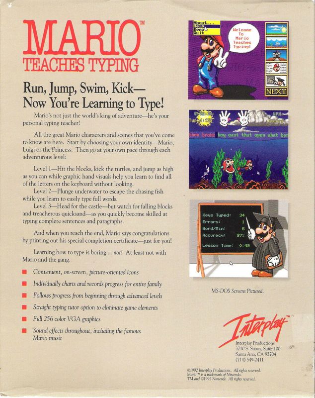 Back Cover for Mario Teaches Typing (DOS)