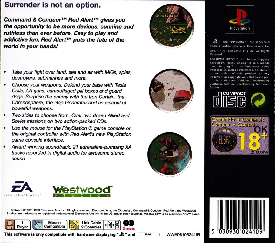 Back Cover for Command & Conquer: Red Alert (PlayStation) (EA Games Classics release)