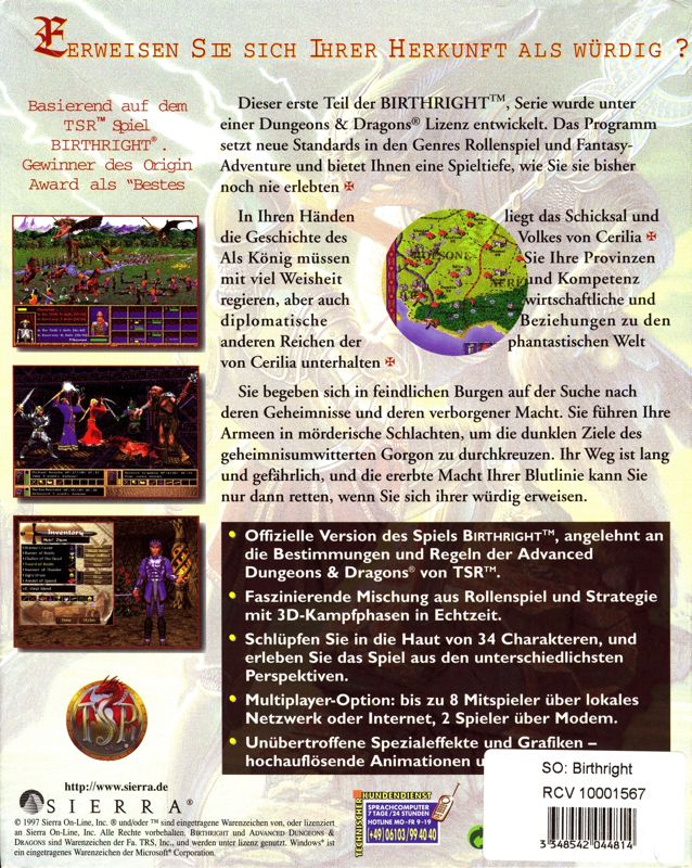 Back Cover for Birthright: The Gorgon's Alliance (DOS and Windows) (Sierra Originals release)