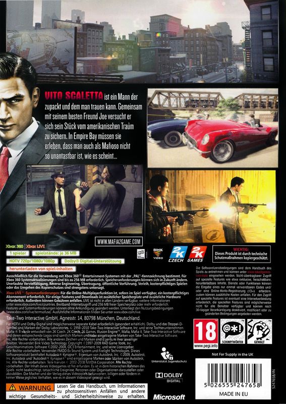 Back Cover for Mafia II (Xbox 360)