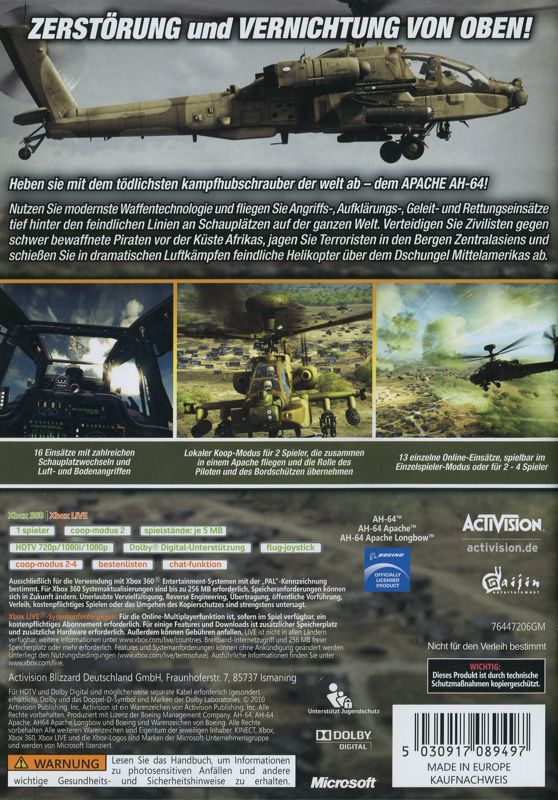 Back Cover for Apache Air Assault (Xbox 360)