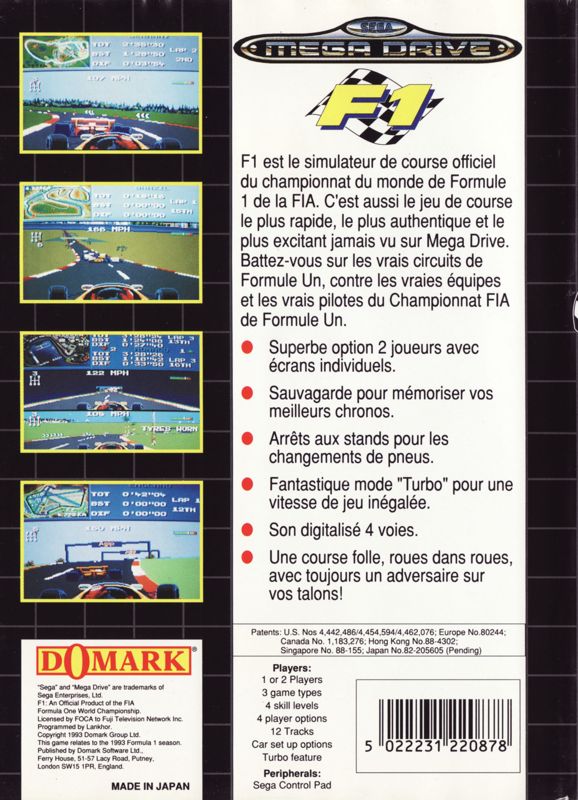 Back Cover for Formula One (Genesis)