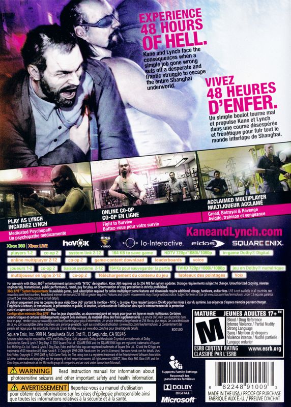 Back Cover for Kane & Lynch 2: Dog Days (Xbox 360)