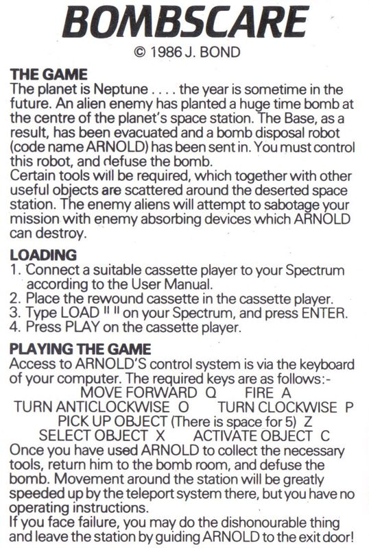 Inside Cover for Bomb Scare (ZX Spectrum)