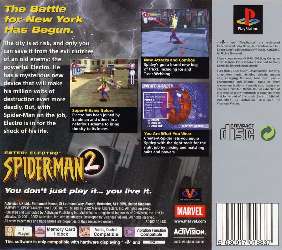 Back Cover for Spider-Man 2: Enter: Electro (PlayStation) (Platinum Release)