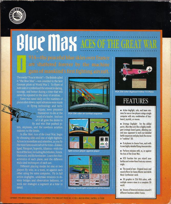 Back Cover for Blue Max: Aces of the Great War (DOS) (Mindscape Classics release)