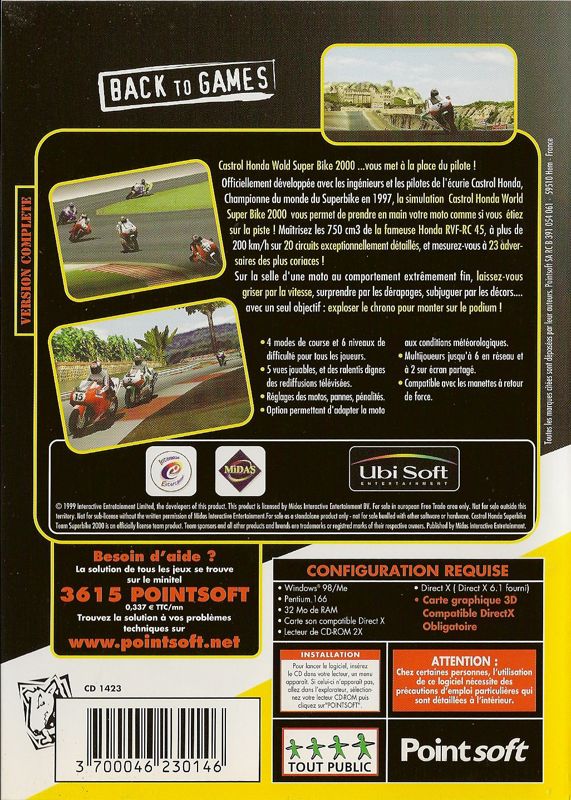Back Cover for Castrol Honda Superbike 2000 (Windows) (Back to Games release)