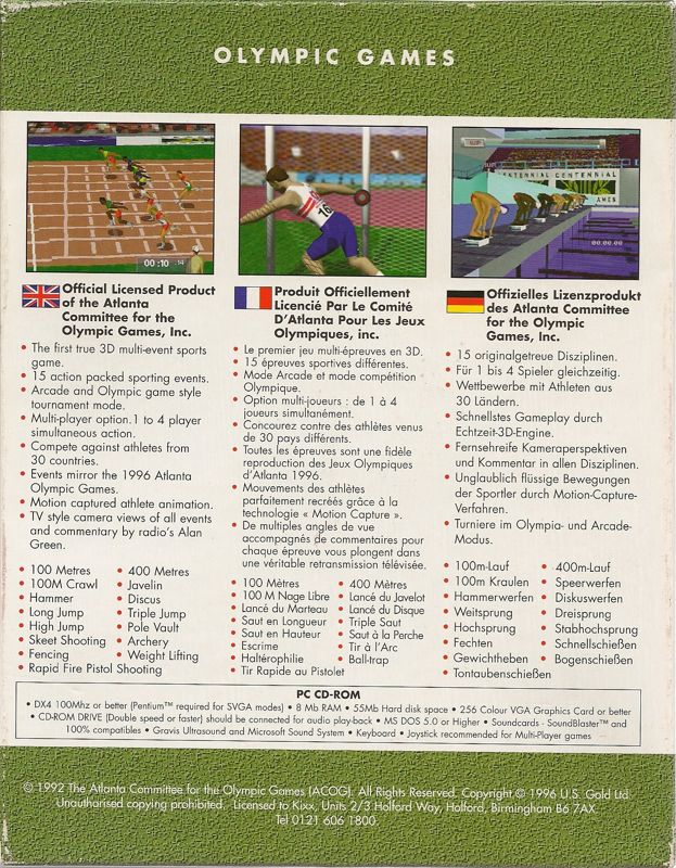 Back Cover for Olympic Games: Atlanta 1996 (DOS) (Kixx release)