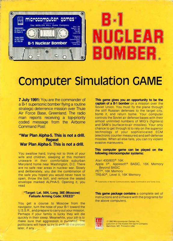 Back Cover for B-1 Nuclear Bomber (Apple II and Atari 8-bit and Commodore PET/CBM and TRS-80)