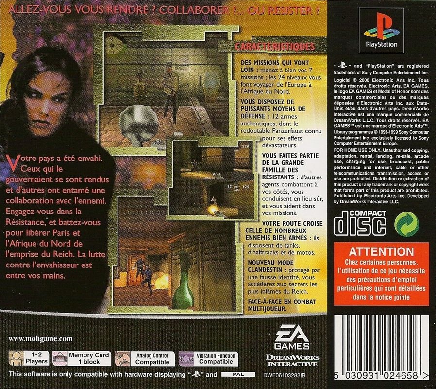 Back Cover for Medal of Honor: Underground (PlayStation)