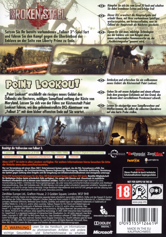 Back Cover for Fallout 3: Game Add-on Pack - Broken Steel and Point Lookout (Xbox 360)