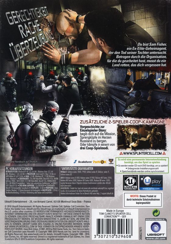 Back Cover for Tom Clancy's Splinter Cell: Conviction (Windows)