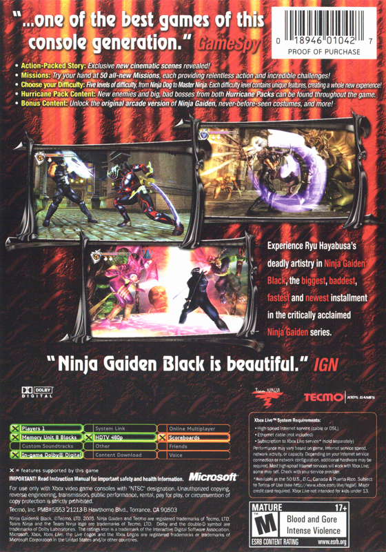 Back Cover for Ninja Gaiden Black (Xbox) (Version with UPC)