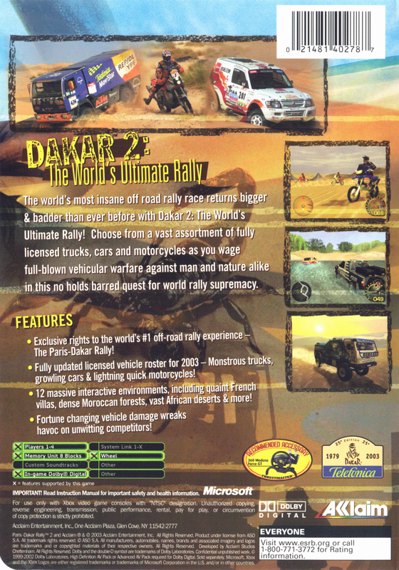Back Cover for Dakar 2: The World's Ultimate Rally (Xbox)