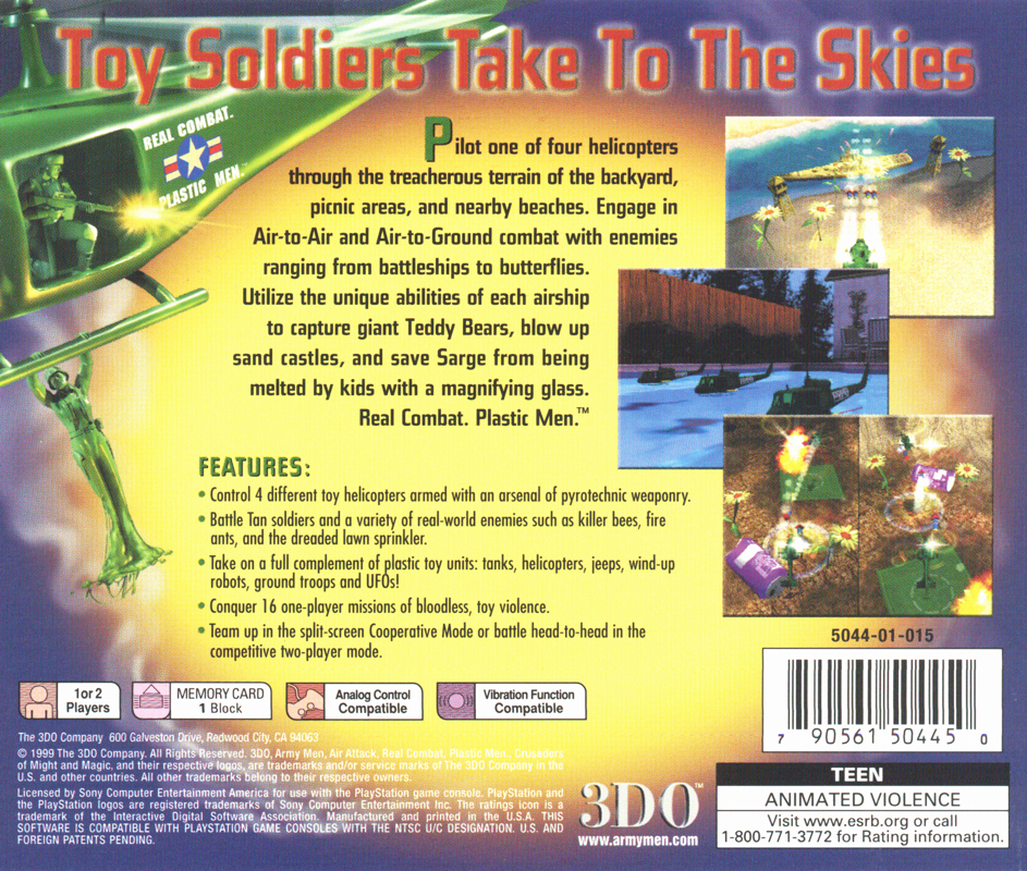 Back Cover for Army Men: Air Attack (PlayStation)