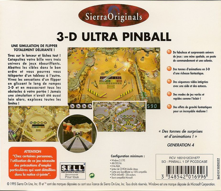 Other for 3-D Ultra Pinball (Windows and Windows 3.x) (SierraOriginals release): Jewel Case - Back