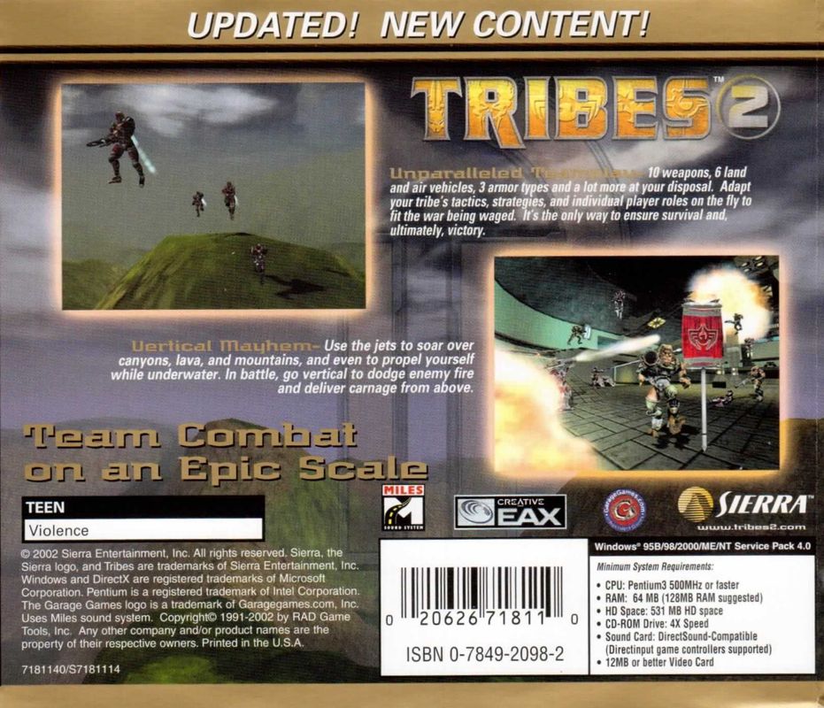 Back Cover for Tribes 2 (Windows) (BestSeller Series release)