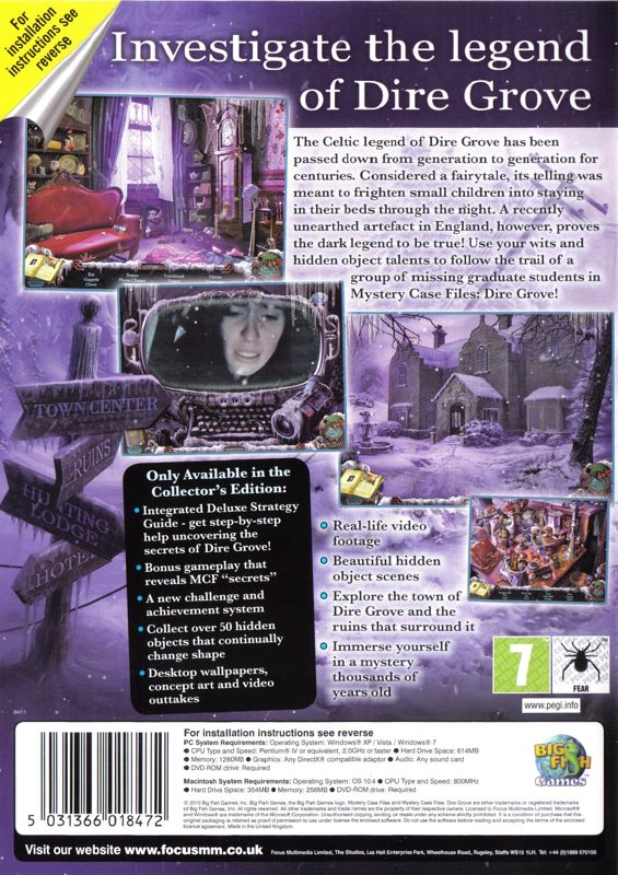 Back Cover for Mystery Case Files: Dire Grove (Collector's Edition) (Macintosh and Windows)