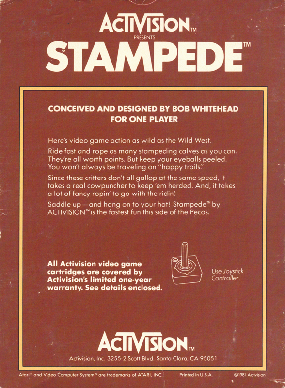 Back Cover for Stampede (Atari 2600) (Variant trademark notice)