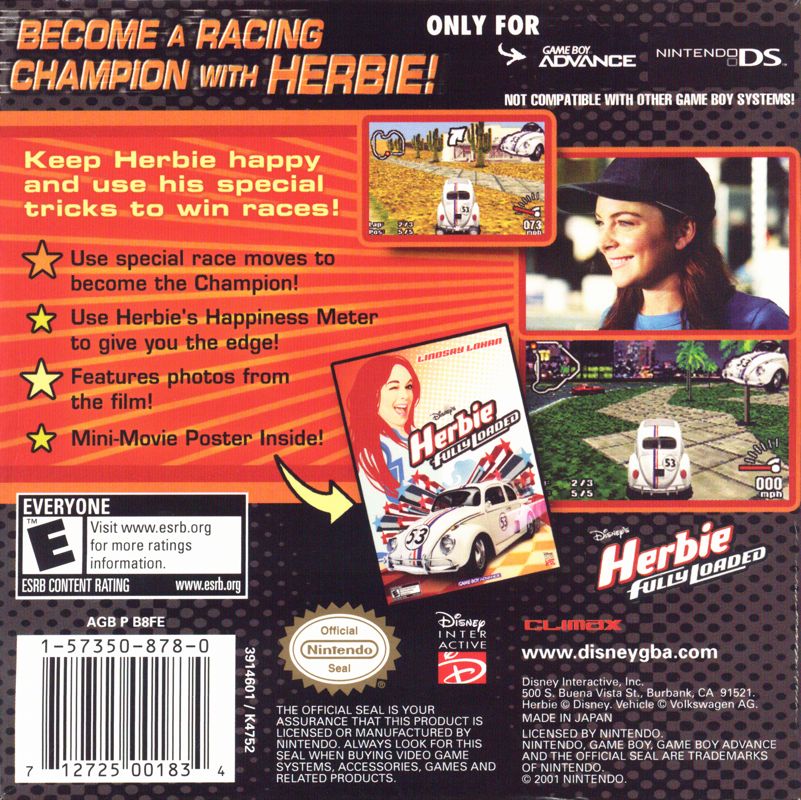 Back Cover for Disney's Herbie: Fully Loaded (Game Boy Advance)