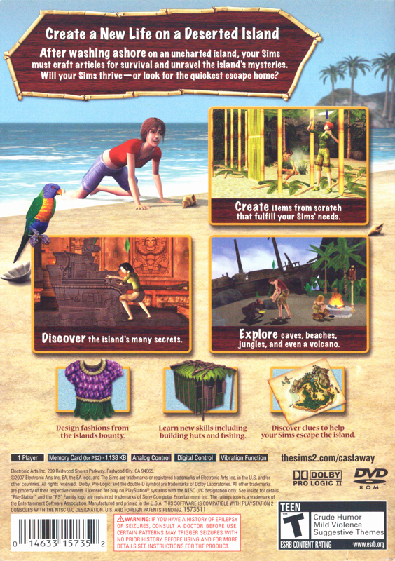 Back Cover for The Sims 2: Castaway (PlayStation 2)