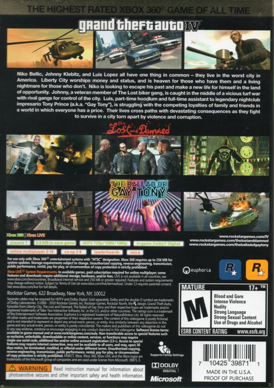 Back Cover for Grand Theft Auto IV & Episodes from Liberty City (Xbox 360)