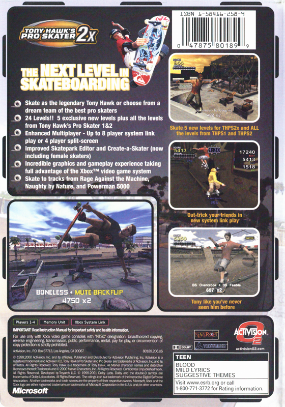 Back Cover for Tony Hawk's Pro Skater 2x (Xbox)