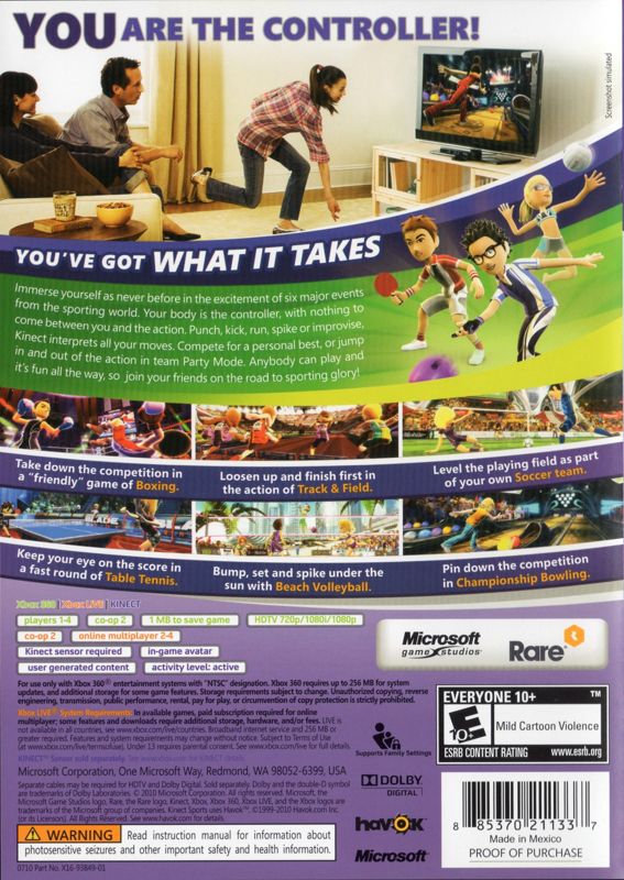 Back Cover for Kinect Sports (Xbox 360)