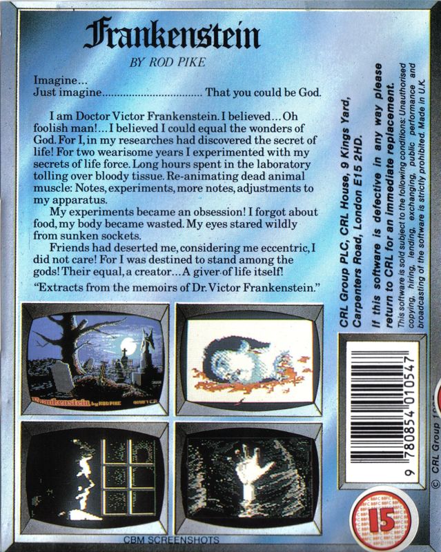 Back Cover for Frankenstein (ZX Spectrum)