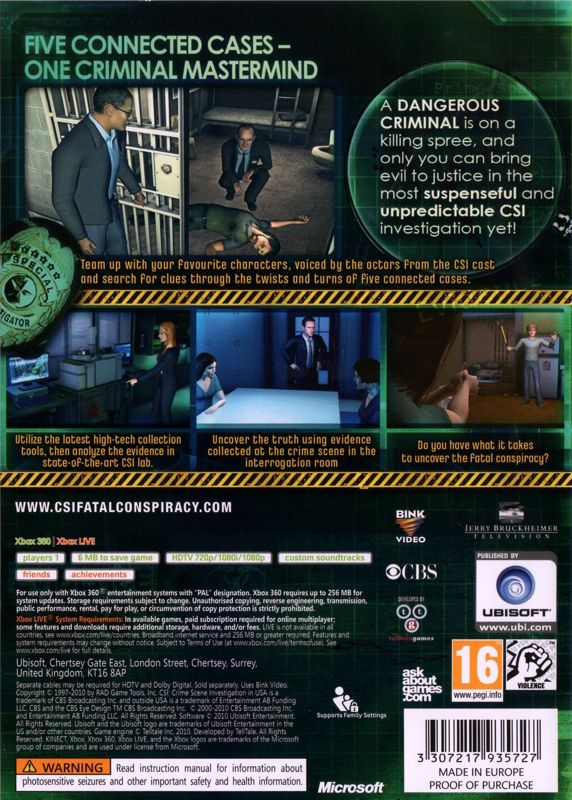 Back Cover for CSI: Crime Scene Investigation - Fatal Conspiracy (Xbox 360)