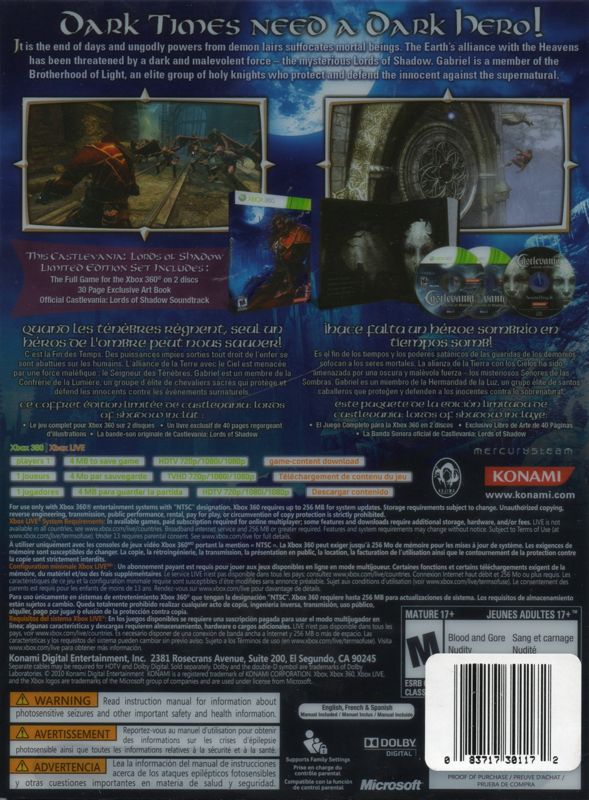 Back Cover for Castlevania: Lords of Shadow (Limited Edition) (Xbox 360): With Sleeve