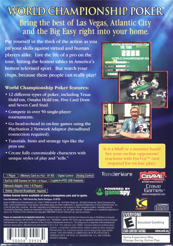 Back Cover for World Championship Poker (PlayStation 2) (Greatest Hits release)