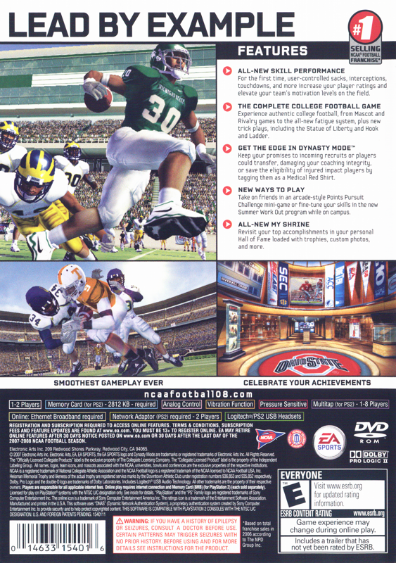 Back Cover for NCAA Football 08 (PlayStation 2)