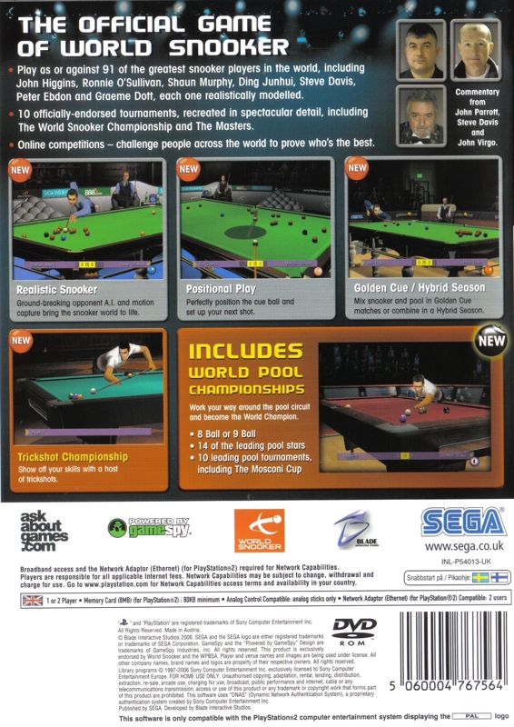 Back Cover for World Snooker Championship 2007 (PlayStation 2)