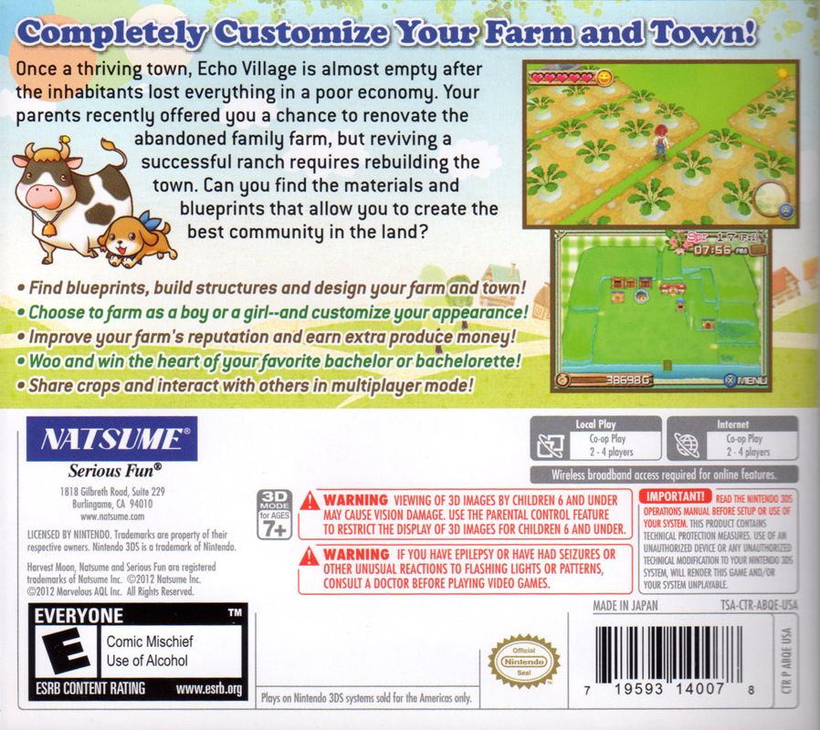 Back Cover for Harvest Moon 3D: A New Beginning (Nintendo 3DS)