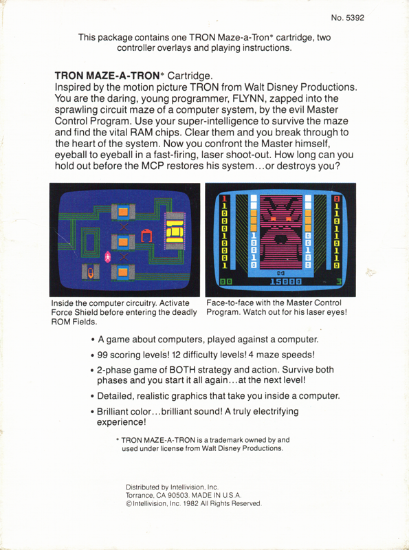 Back Cover for Tron: Maze-A-Tron (Intellivision) (Re-release)