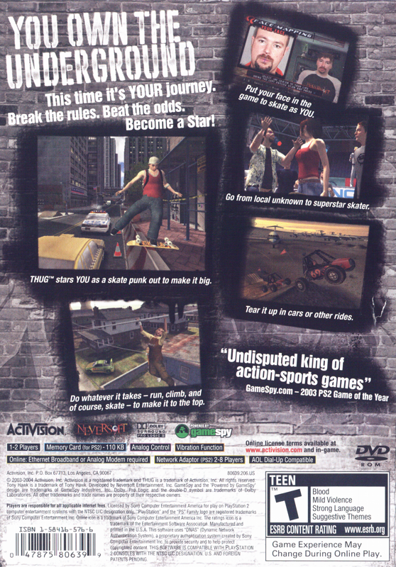 Back Cover for Tony Hawk's Underground (PlayStation 2) (Greatest Hits)