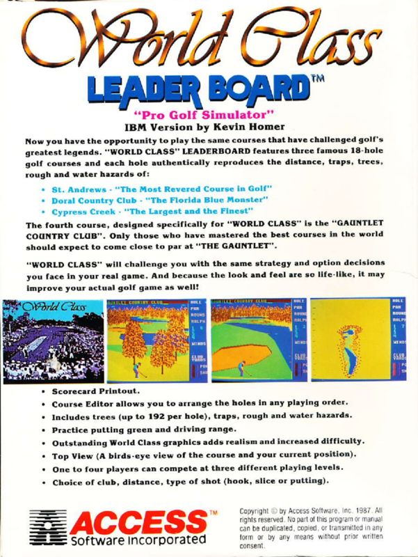Back Cover for World Class Leader Board (DOS)