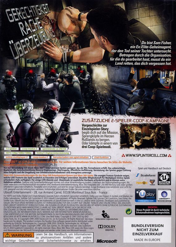 Back Cover for Tom Clancy's Splinter Cell: Conviction (Xbox 360) (Bundled with Xbox 360)