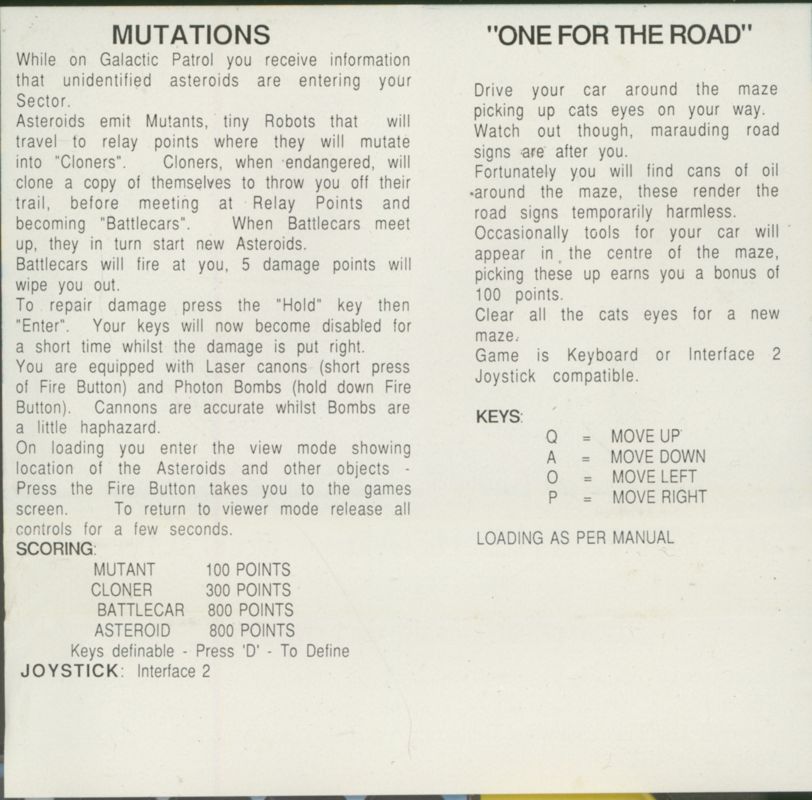 Inside Cover for One for the Road / Mutations (ZX Spectrum)