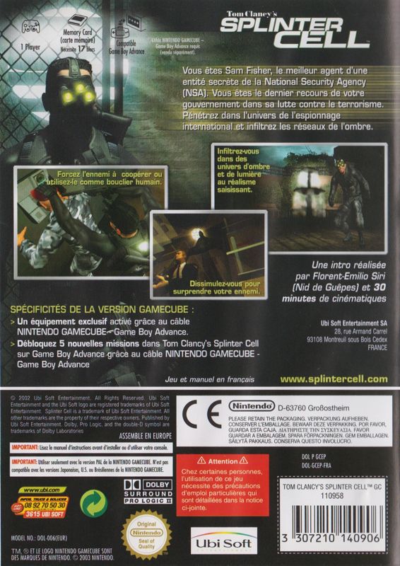 Back Cover for Tom Clancy's Splinter Cell (GameCube)