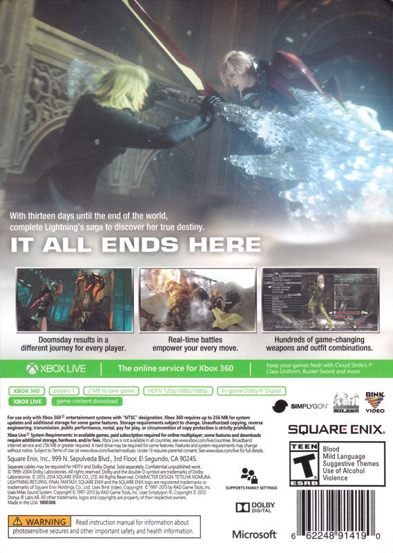 Back Cover for Lightning Returns: Final Fantasy XIII (Xbox 360) (Target Exclusive Steelbook release)