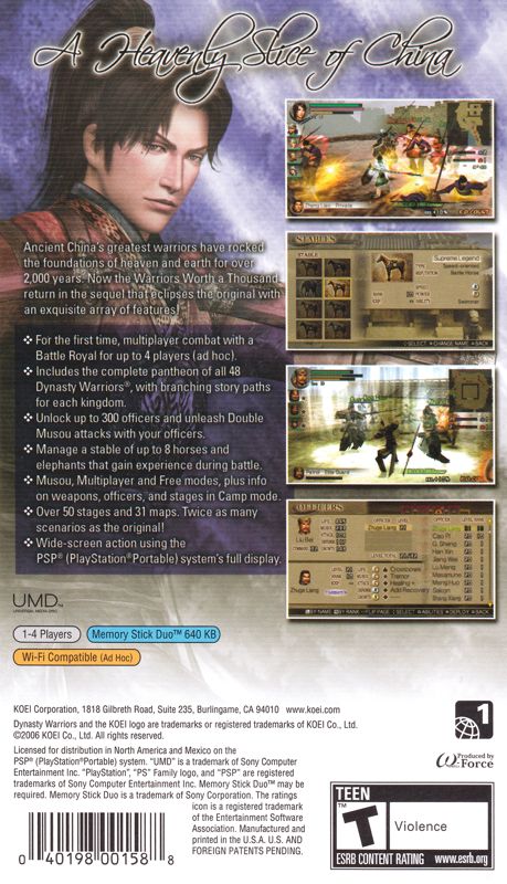 Back Cover for Dynasty Warriors Vol.2 (PSP)