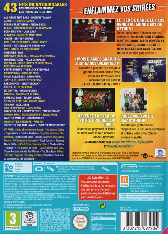 Back Cover for Just Dance 2016 (Wii U)