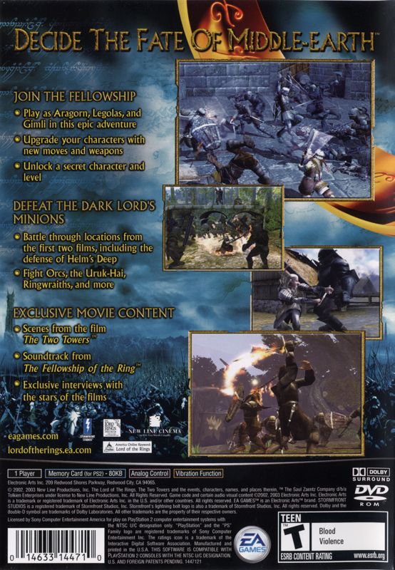 Back Cover for The Lord of the Rings: The Two Towers (PlayStation 2) (Greatest Hits release)