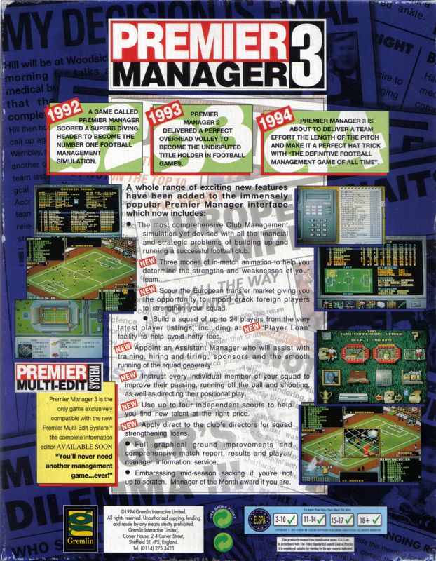 Back Cover for Premier Manager 3 (DOS)