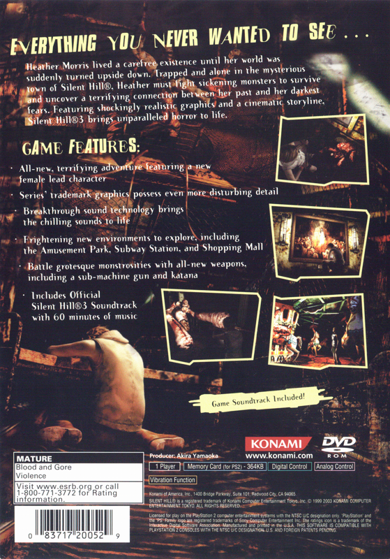 Back Cover for Silent Hill 3 (PlayStation 2)